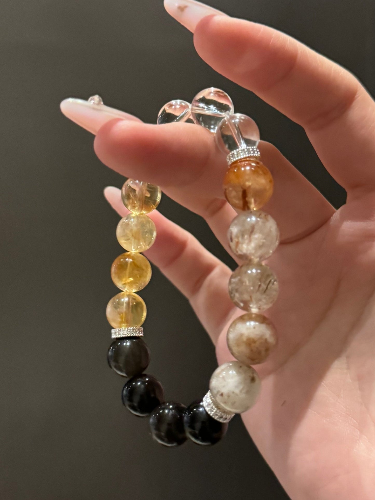 Gold quartz and Obsidian Bracelet with Clear quartz in New Chinese Style