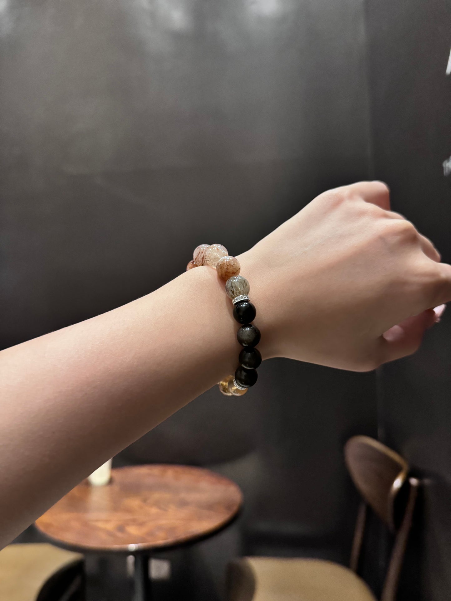 Gold quartz and Obsidian Bracelet with Clear quartz in New Chinese Style