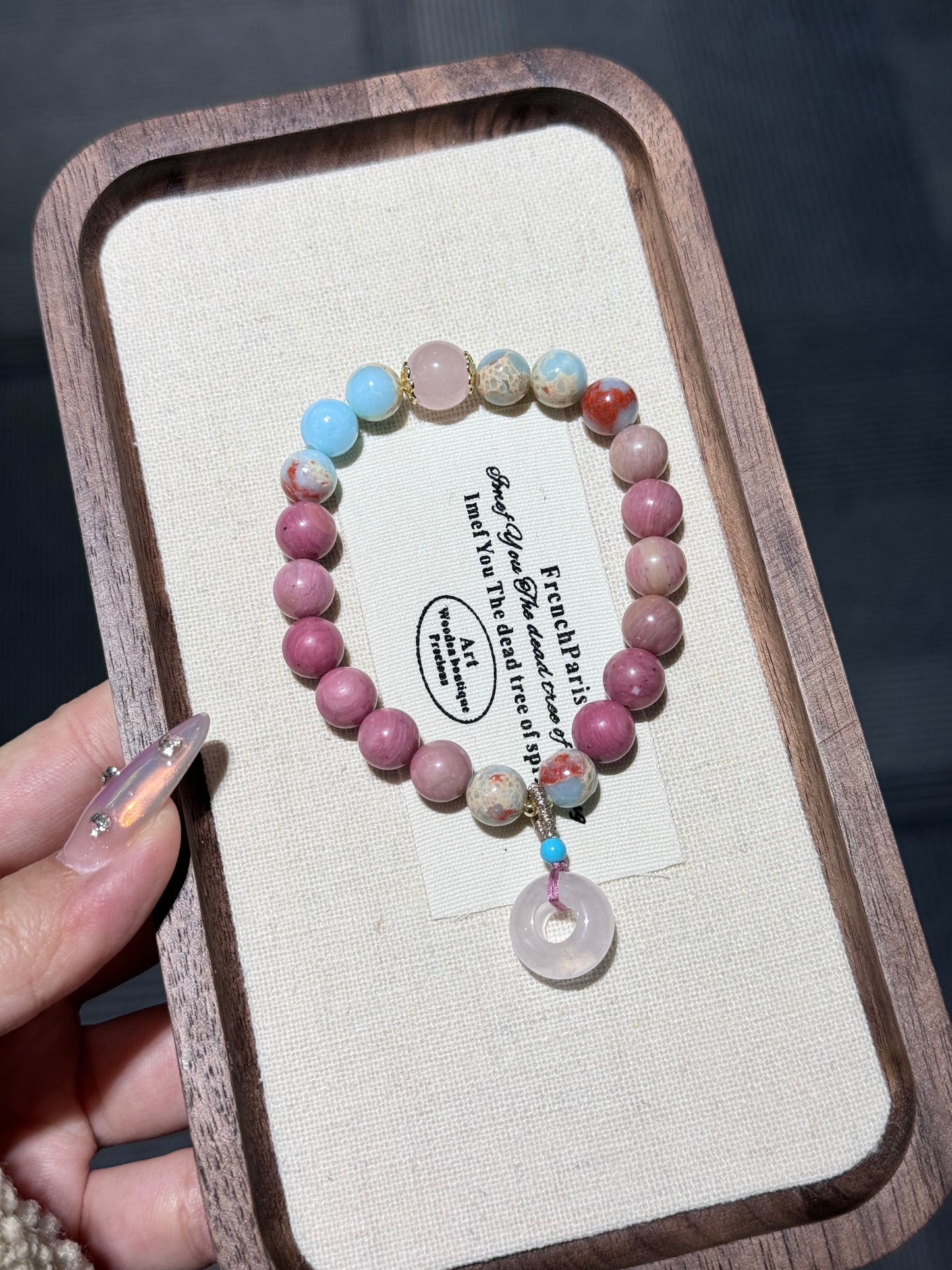 Pink Agalmatoline beads bracelet with Chinese lucky circle