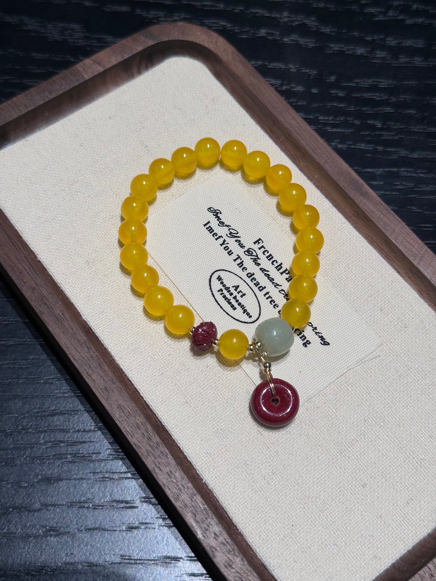 Yellow agate and cinnabar lucky circle bracelet