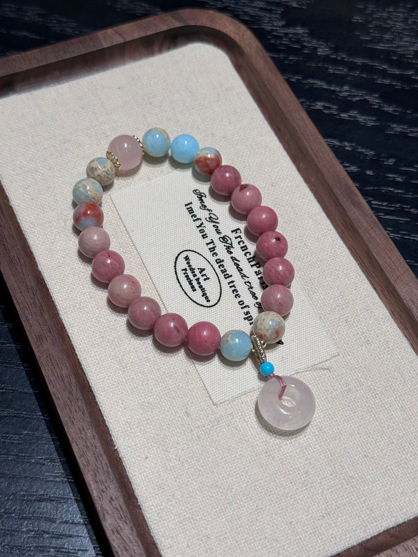 Pink Agalmatoline beads bracelet with Chinese lucky circle