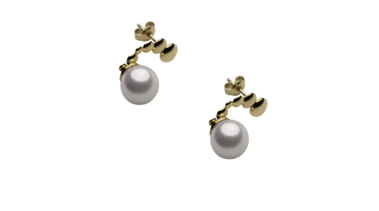 [Lunar Trajectory 2.0] Akoya Flawless Round shape Pearls Stud Earrings, the whole body in 10K Gold, 8.0-8.5mm