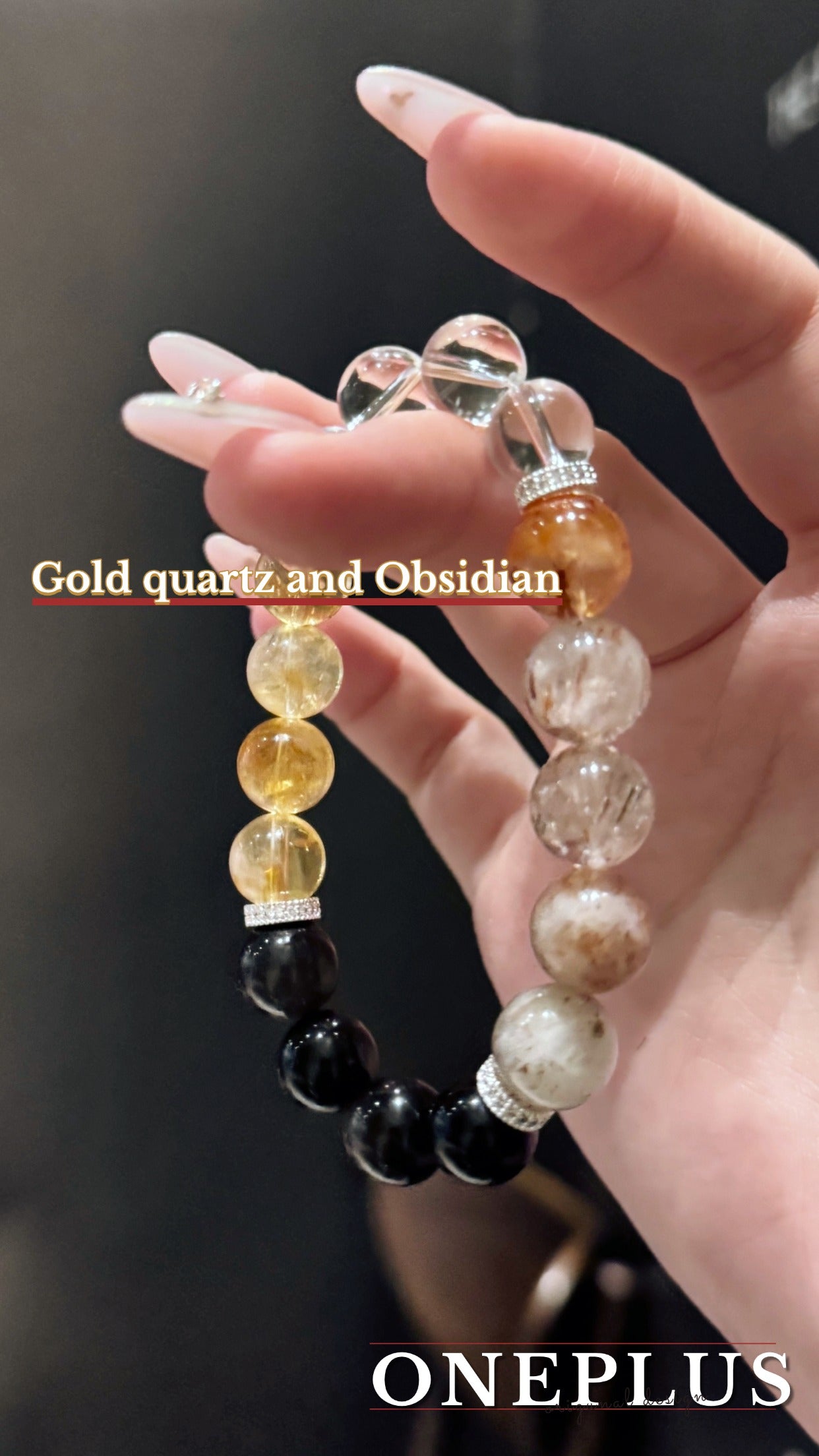 Gold quartz and Obsidian Bracelet with Clear quartz in New Chinese Style