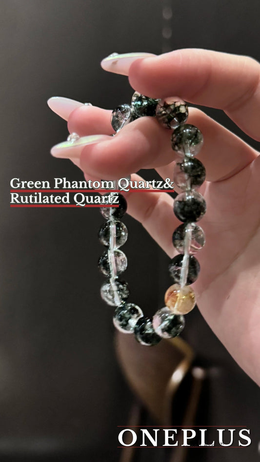 Green Phantom and Rutilated Quartz beads bracelet single circle