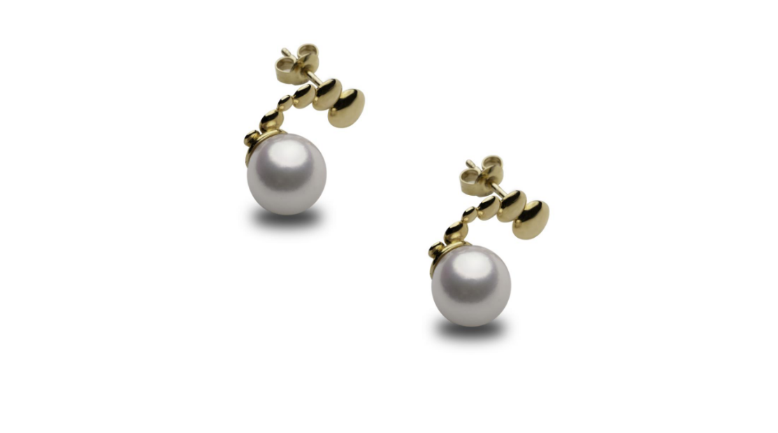 [Lunar Trajectory 2.0] Akoya Flawless Round shape Pearls Stud Earrings, the whole body in 10K Gold, 8.0-8.5mm